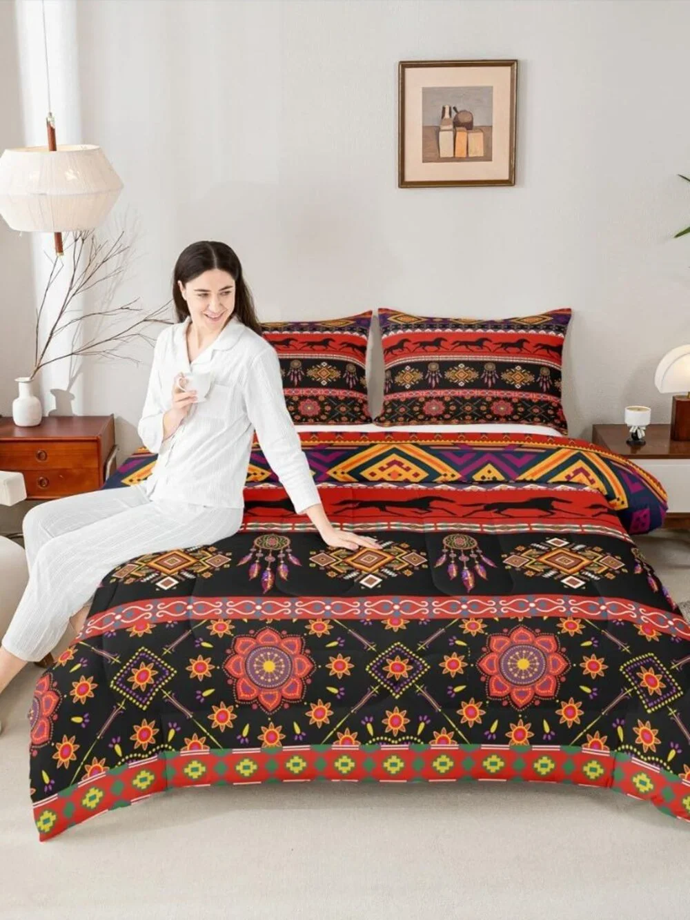 Boho Dream Catcher Comforter Set Galloping Horse Bedding Set for Kids Boys Girls